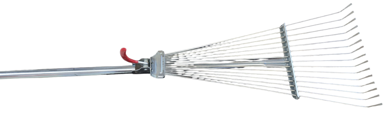 "Adjustable rake with ergonomic handle and adjustable width for versatile gardening and landscaping tasks."