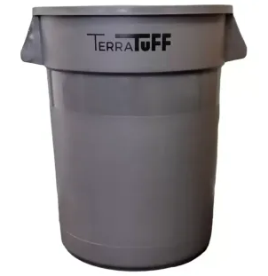 Alt attribute text: "Terra Tuff garbage can in a garden setting, showcasing its durable design and functionality for outdoor waste management."
